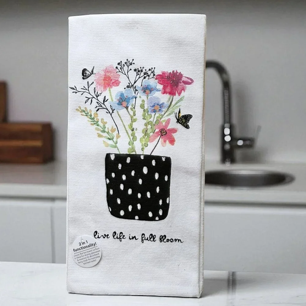 Live Life in Full Bloom‎ Flat Tea Towel White with Floral Design - NWT